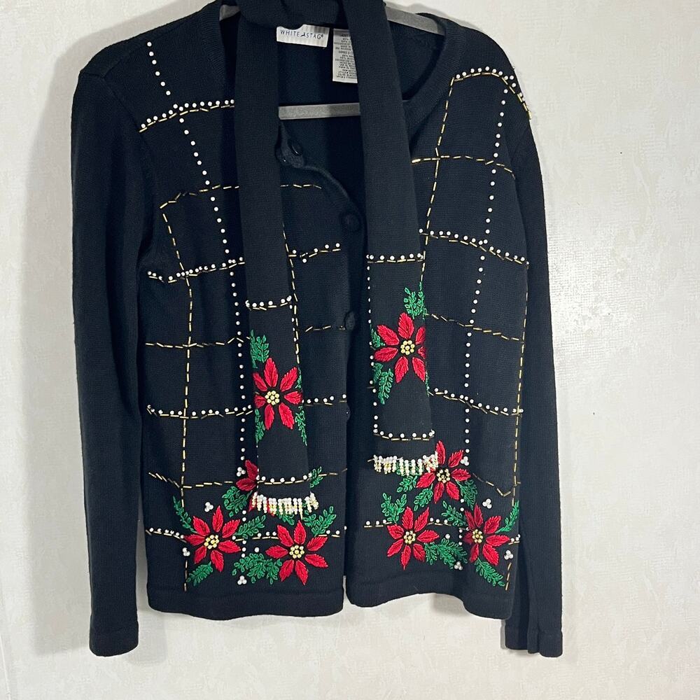 White Stag Button Front Cardigan Sweater Attached Scarf poinsettia Christmas L - Picture 2 of 7